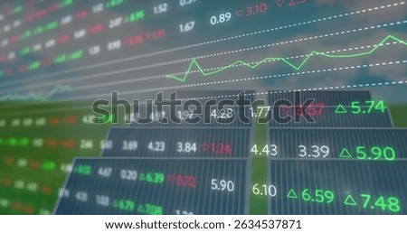 Image of financial data and graphs over solar panels. Green energy, eco power, finance and economy concept digitally generated image.
