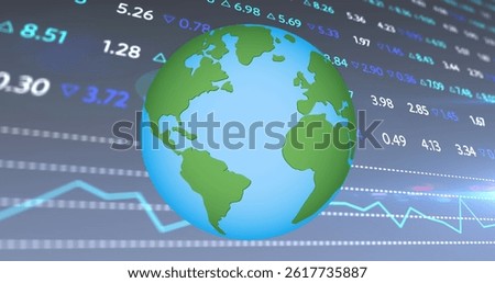 Image of financial data over globe on navy background. business, finance, technology and digital interface concept digitally generated image.