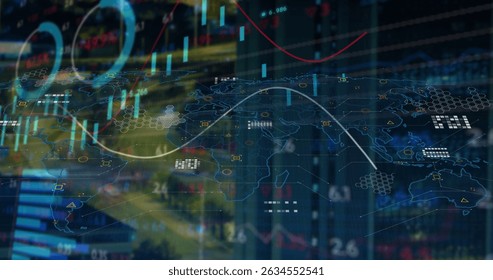 Image of financial data over world map and diverse data. Global business, finance, money and economy concept digitally generated image.