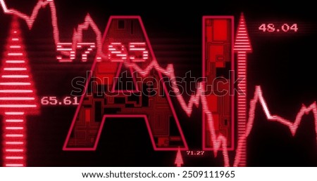 Image of financial data processing and ai text over black background. Global artificial intelligence, business, connections, computing and data processing concept digitally generated image.