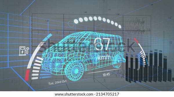 Image of financial data\
processing and car panel over digital truck model. global finance,\
business and digital interface concept digitally generated\
image.