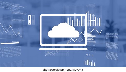 Image of financial data processing and icons over desk in office. Global business, finances and digital interface concept digitally generated image.