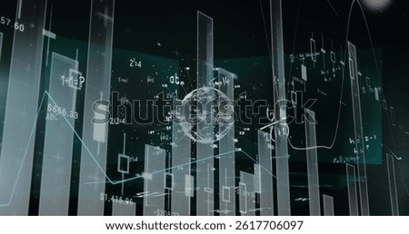 Image of financial data processing and mathematical equations over black background. global business, finances and digital interface concept digitally generated image.