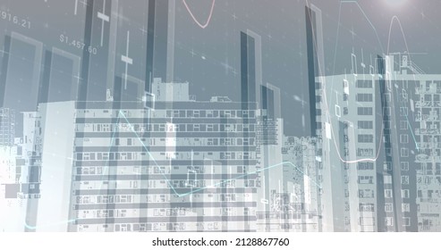 Image of financial data processing over cityscape. global business, finances, connections and digital interface concept digitally generated image. - Powered by Shutterstock - Get 15% off with code: PIKWIZARD15