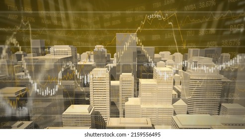 Image of financial data processing over cityscape. global business, finances, connections and digital interface concept digitally generated image.