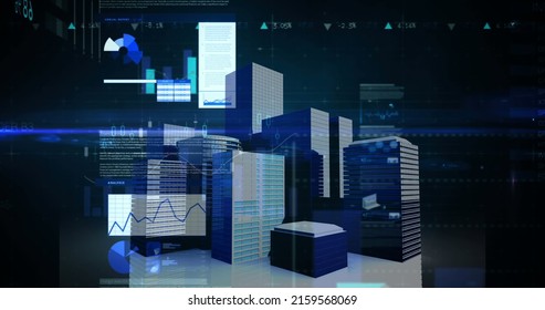 Image of financial data processing over cityscape. global business, finances, connections and digital interface concept digitally generated image.