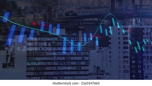 Image of financial data processing over cityscape. global finances, technology and digital interface concept digitally generated image.