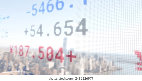 Image of financial data processing over cityscape. Business, finances, computing and digital interface concept digitally generated image.