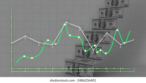 Image of financial data processing over american dollar bills. Global business, finances, computing and data processing concept digitally generated image.