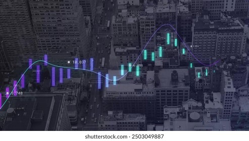 Image of financial data processing over statistics and city. Global finance, business, connections, computing and data processing concept digitally generated image.