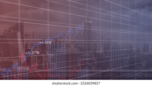 Image of financial data processing over cityscape. Global business, finances, computing and data processing concept digitally generated image. - Powered by Shutterstock