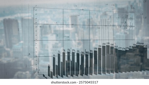Image of financial data processing over cityscape. Global connections, computing and data processing concept digitally generated image.