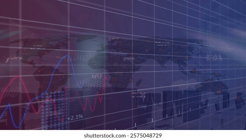Image of financial data processing over world map. Global finance, business, connections, computing and data processing concept digitally generated image.