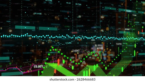 Image of financial data processing over citiscape. Global connections, data processing and digital interface concept digitally generated image.