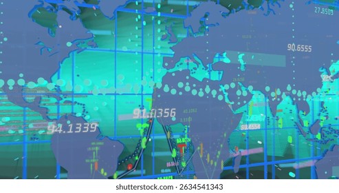 Image of financial data processing over world map on green background. Global business, finances and digital interface concept digitally generated image.