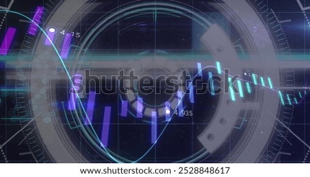 Image of financial data processing over scope and black background. Global business, finances, computing and data processing concept digitally generated image.