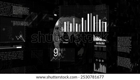 Image of financial data processing over globe on black backgorund. Global finance, business, connections, computing and data processing concept digitally generated image.