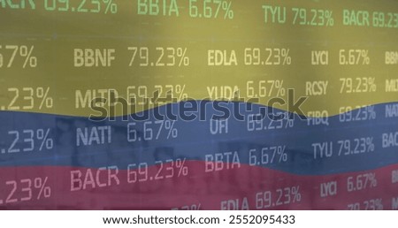 Image of financial data processing over flag of columbia. Global business, finance, connections, computing and data processing concept digitally generated image.