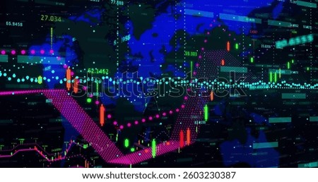 Image of financial data processing over world map. global business, finance, connections and digital interface concept digitally generated image.