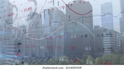 Image of financial data and statistics processing over city background. world business, finance and data processing concept digitally generated image.