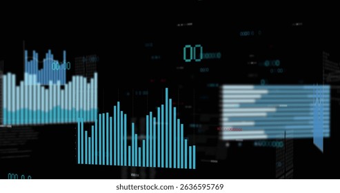 Image of financial graphs and data on black background. Business, finance and economy concept digitally generated image.