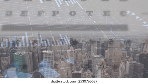 Image of financial graphs and data over cityscape. Global finance, economy and business concept digitally generated image.