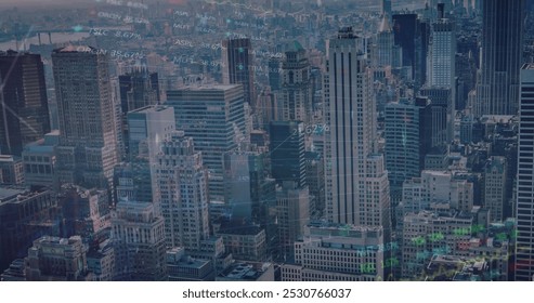 Image of financial graphs and data over cityscape. Global finance, economy and business concept digitally generated image.