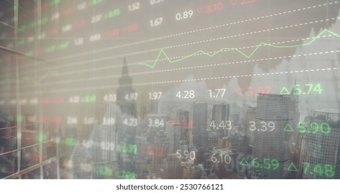 Image of financial graphs and data over cityscape. Global finance, economy and business concept digitally generated image.