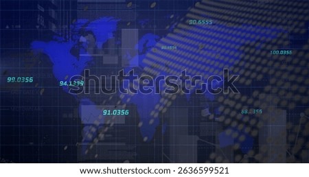Image of financial graphs and data over world map on navy background. Global finance and economy concept digitally generated image.