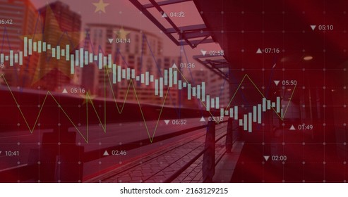 Image of flag of china and data processing over cityscape. global business, finances and digital interface concept digitally generated image.