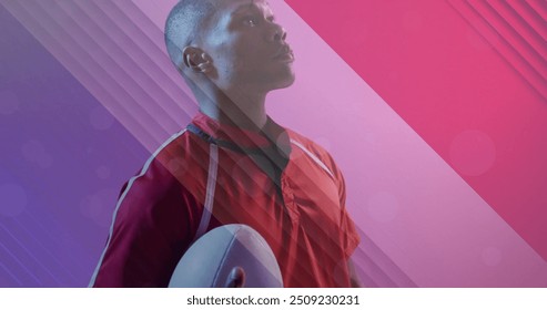 Image of flag of france over african american male rugby player with ball. Sports, competition and active lifestyle concept digitally generated image. - Powered by Shutterstock