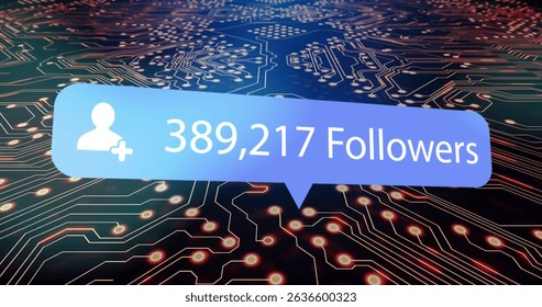 Image of followers numbers over processor socket. Social media and communication concept digitally generated image.