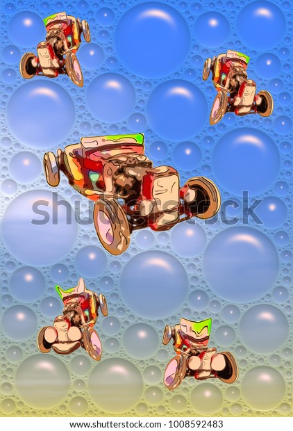 Image of funny cartooned red antique cabriolet in\
a big blue soap\
bubbles