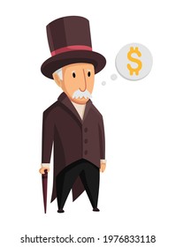 Image Of A Funny Old Man Capitalist In A Black Suit And Hat Standing With A Cane In His Hands On A White Background. Business, Finance, Monopoly, Money