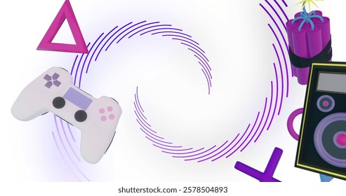 Image of game controllers, equipment and icons over purple spiral lines processing. network, data, gaming, loading, digital interface and communication, digitally generated image.
