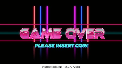 Image of game over please insert coin text over colourful lines on black background. Shape, colour, writing, technology, entertainment and light concept digitally generated image.