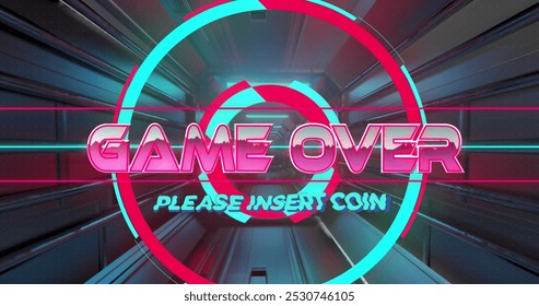 Image of game over and please insert coin text over looping futuristic tunnel. Digitally generated, hologram, illustration, ending, image game, arcade, illuminated and technology concept.