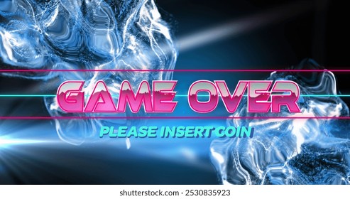 Image of game over text banner over blue light spot and digital waves against black background. image game interface technology concept