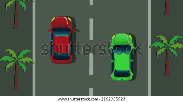 Image of image game screen with cars racing on\
moving street. image game, car racing and digital interface concept\
digitally generated\
image.