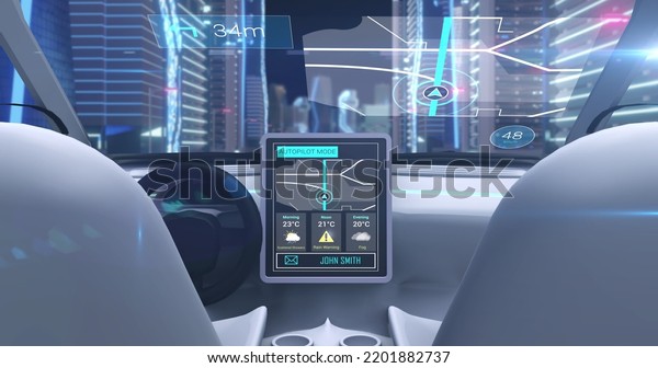 Image of image game simulation screen\
showing car cockpit driving through city streets. Virtual reality\
image gaming concept digitally generated\
image.