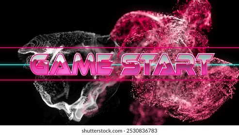 Image of game start text banner over pink and grey glowing digital waves on black background. image game interface technology concept