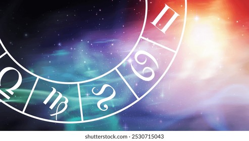 Image of gemini star sign symbol in spinning horoscope wheel over glowing stars. horoscope and zodiac sign concept digitally generated image. - Powered by Shutterstock