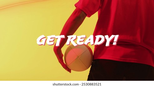 Image of get ready text over female rugby player on neon background. Sports and communication concept digitally generated image. - Powered by Shutterstock