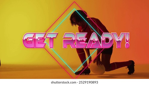 Image of get ready text with shapes over biracial female rugby player crouching. Global sport and digital interface concept, digitally generated image.