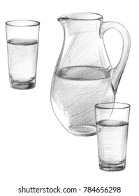 An Image Of A Glass Jug And Two Glasses Of Drinking Water. Graphite Pencil Drawing, Isolated On White Background