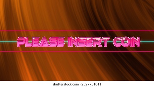 Image of glitch effect on please insert coin text and orange digital wave in seamless pattern. image game and entertainment technology concept