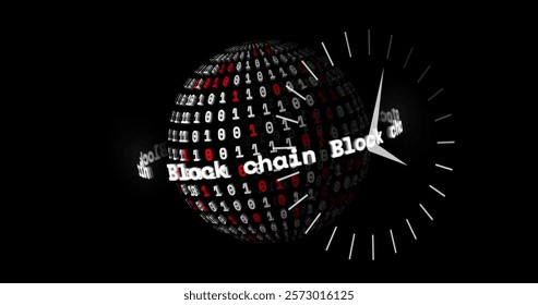 Image of globe with clock and block chain texts over binary coding. Technology and digital interface concept digitally generated image.