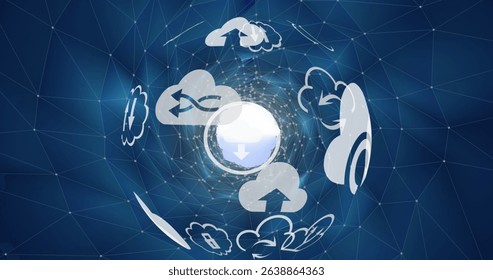 Image of globe with clouds and tech icons over digital space with connections. Global computers, network, data and technology concept digitally generated image. - Powered by Shutterstock - Get 15% off with code: PIKWIZARD15