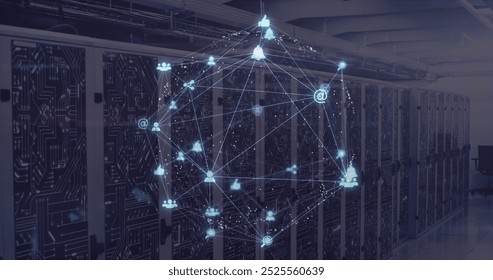 Image of globe of connections with data processing over computer servers. Global connections, cloud computing and data processing concept digitally generated image.