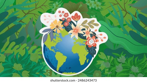 Image of globe with flowers on jungle background. environment, sustainability, ecology, renewable energy, global warming and climate change awareness. - Powered by Shutterstock